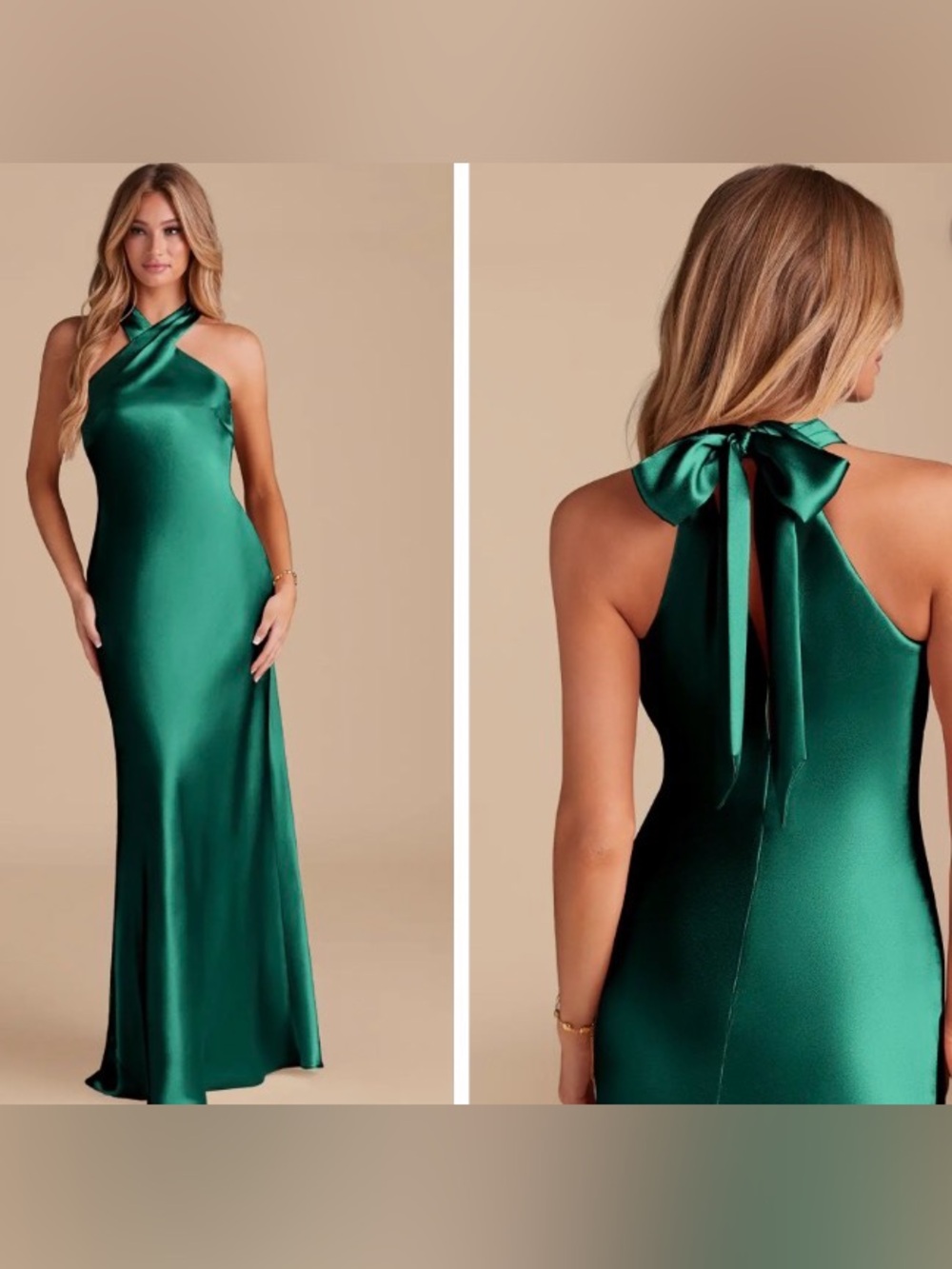 Azazie Doretta Emerald Green Stretch Satin Mermaid Pleated Halter Bow Dress A2
